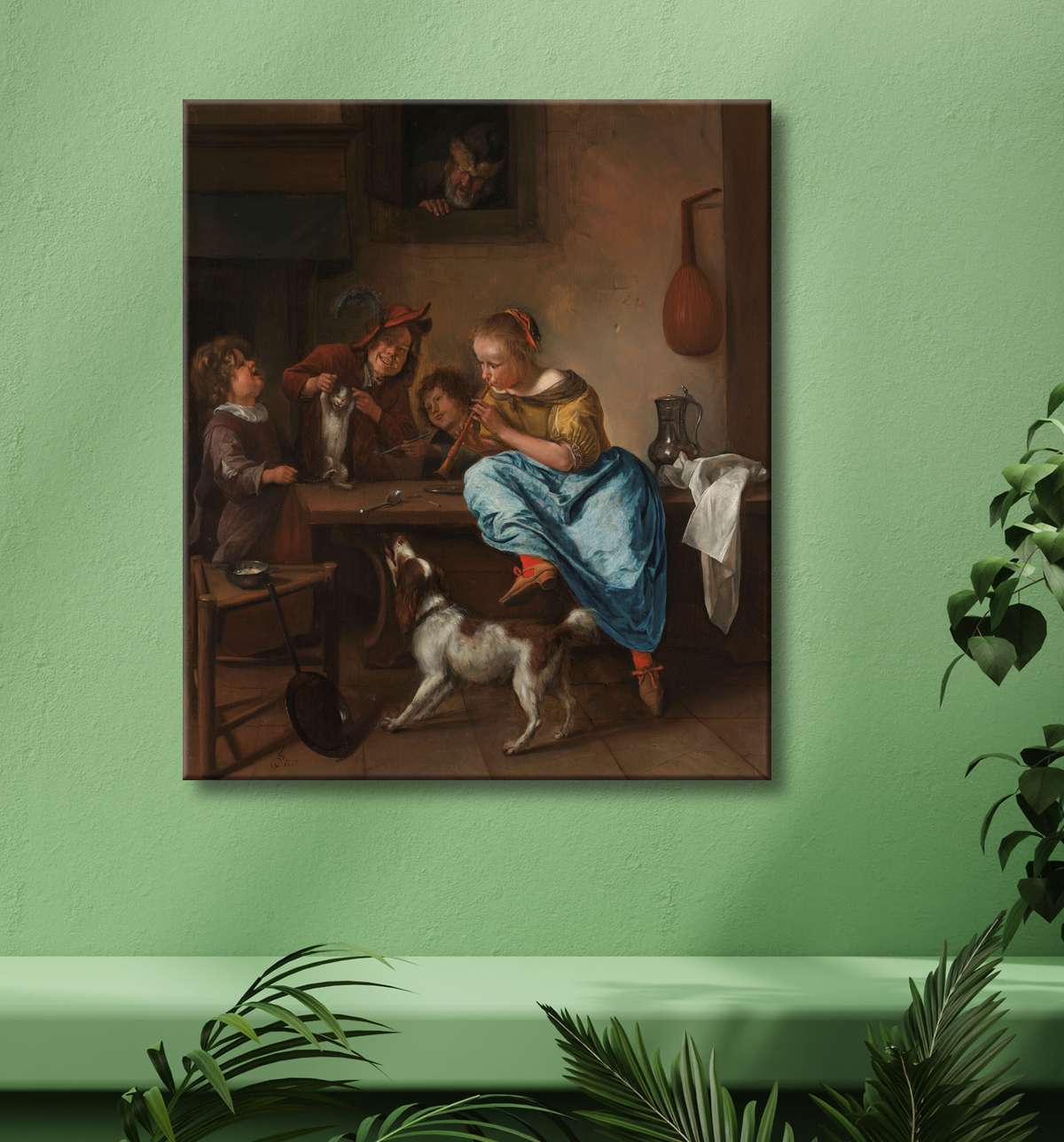 Reproduction Enfants apprenant à un chat à danser, connu sous le nom de "La leçon de danse" de Jan Havicksz. Steen avec decor