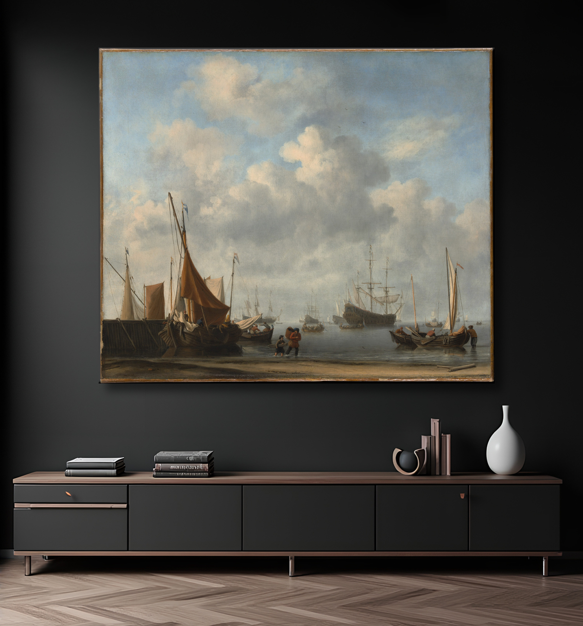 Reproduction Entrée d'un port néerlandais de Willem van de Velde II avec decor