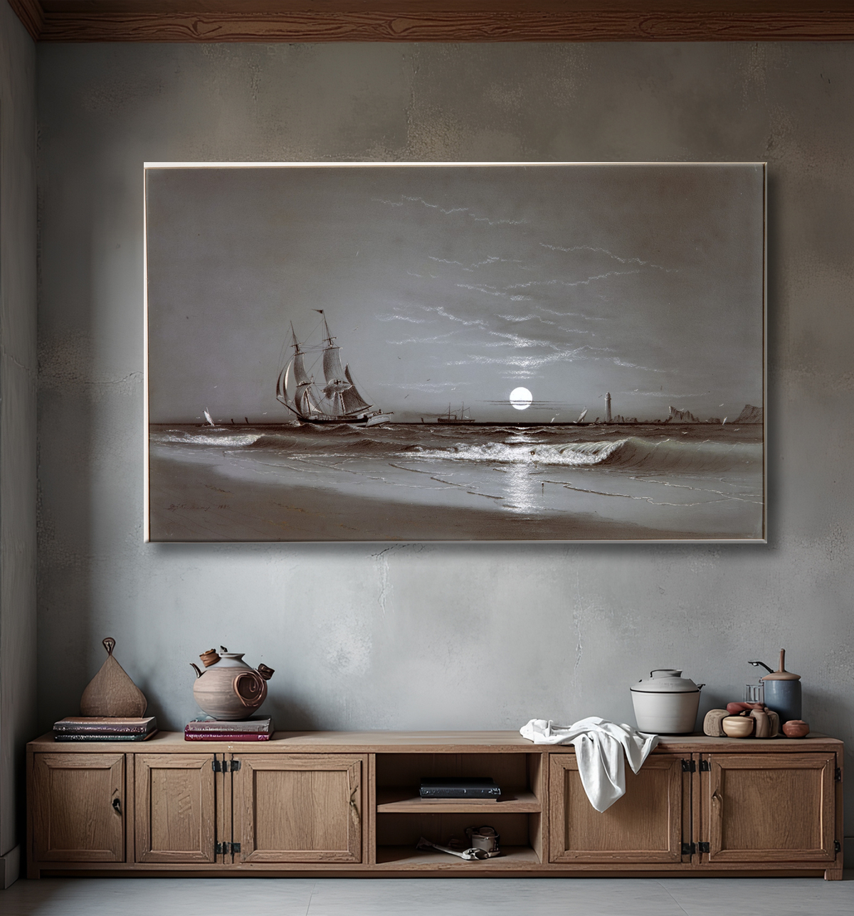 Reproduction Entrée du port—clair de lune de David Johnson Kennedy avec decor
