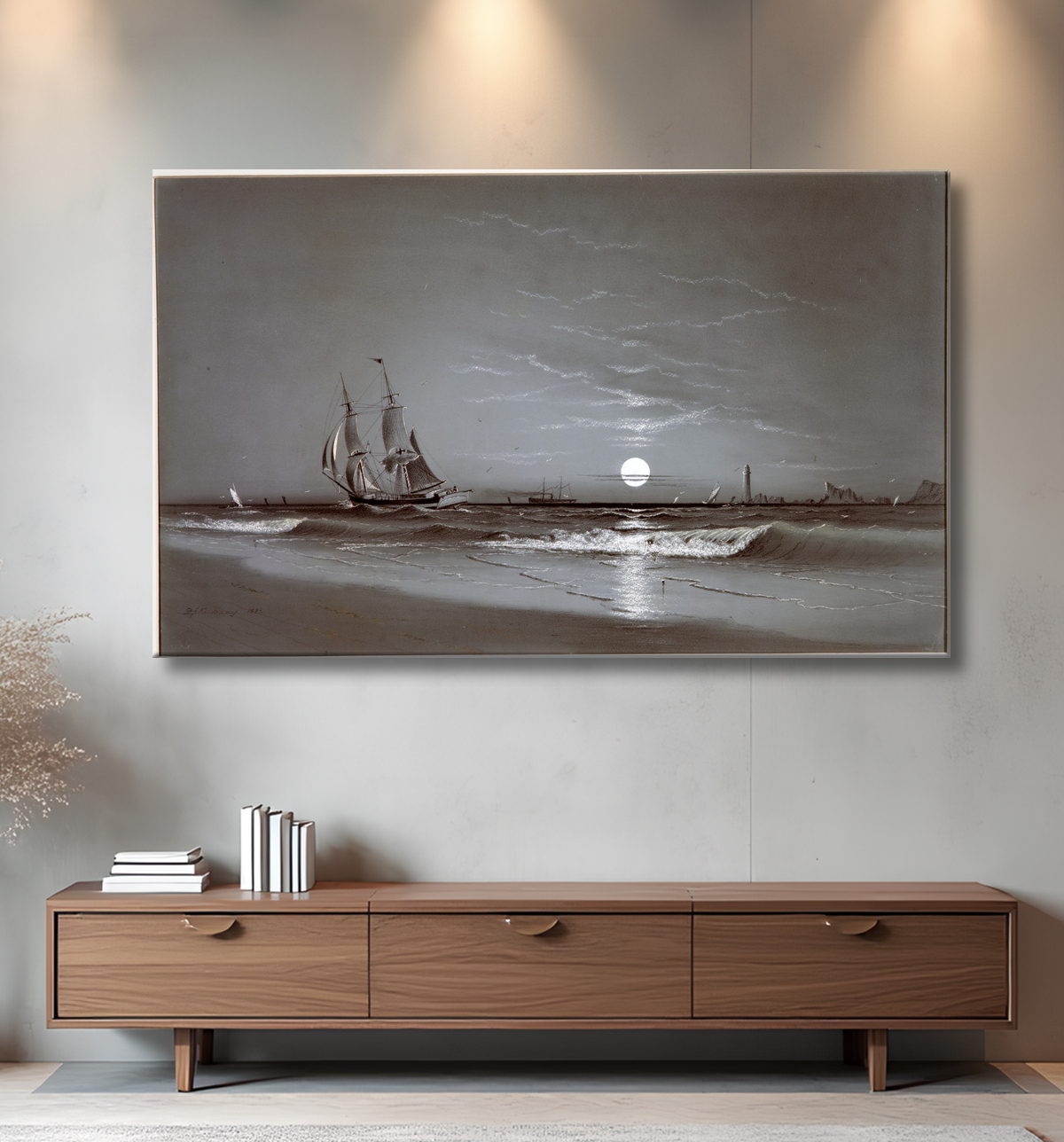 Reproduction Entrée du port—clair de lune de David Johnson Kennedy avec decor
