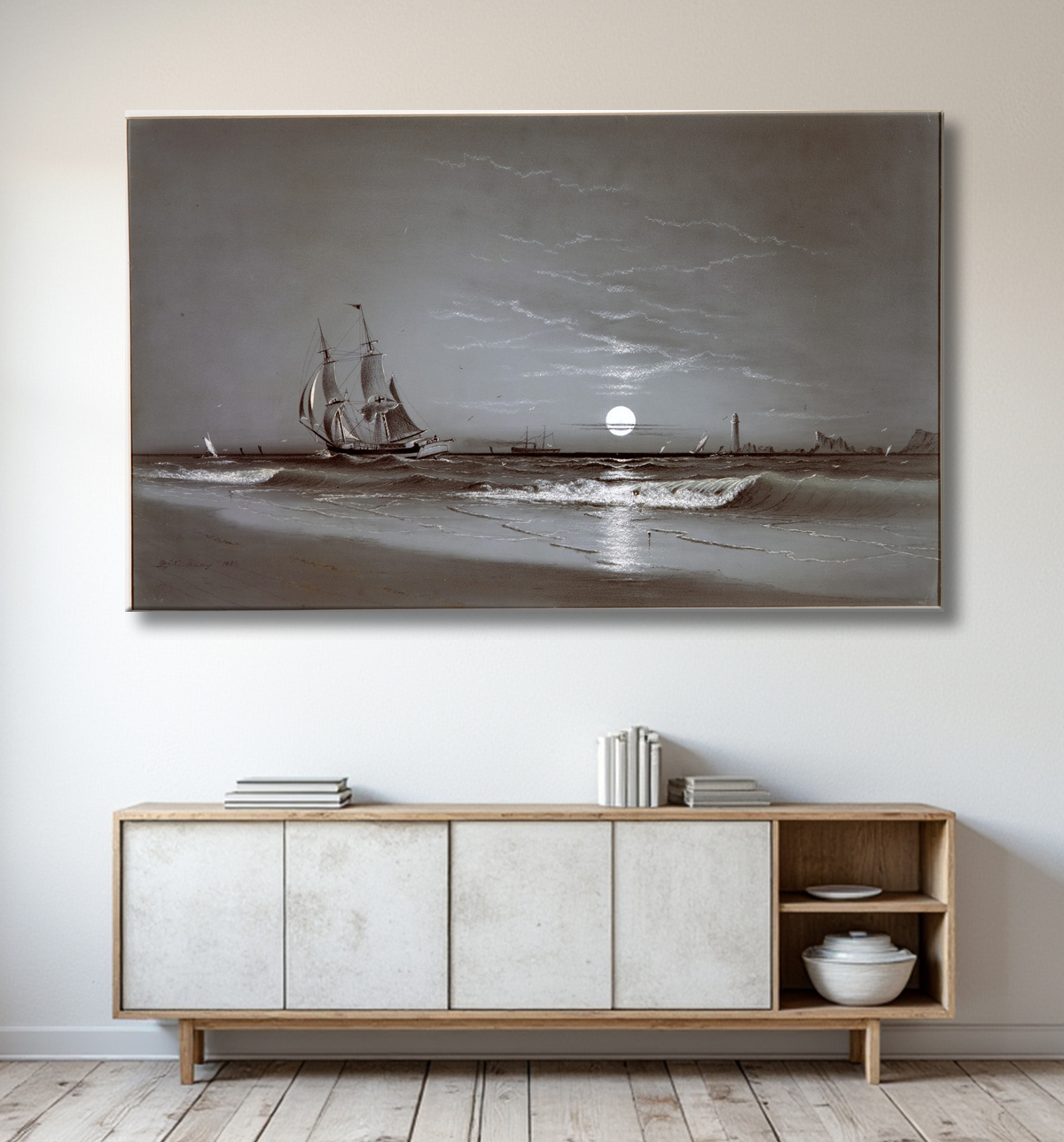 Reproduction Entrée du port—clair de lune de David Johnson Kennedy avec decor