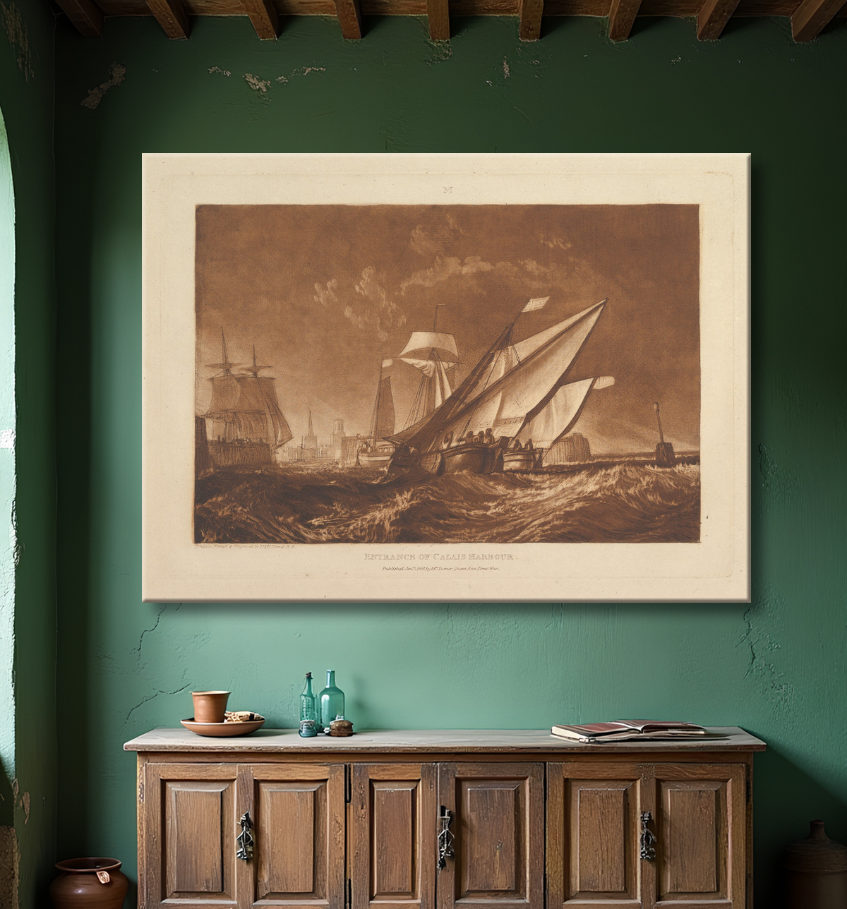 Reproduction Entrée du port de Calais (Liber Studiorum, partie XI, planche 55) de Joseph Mallord William Turner avec decor