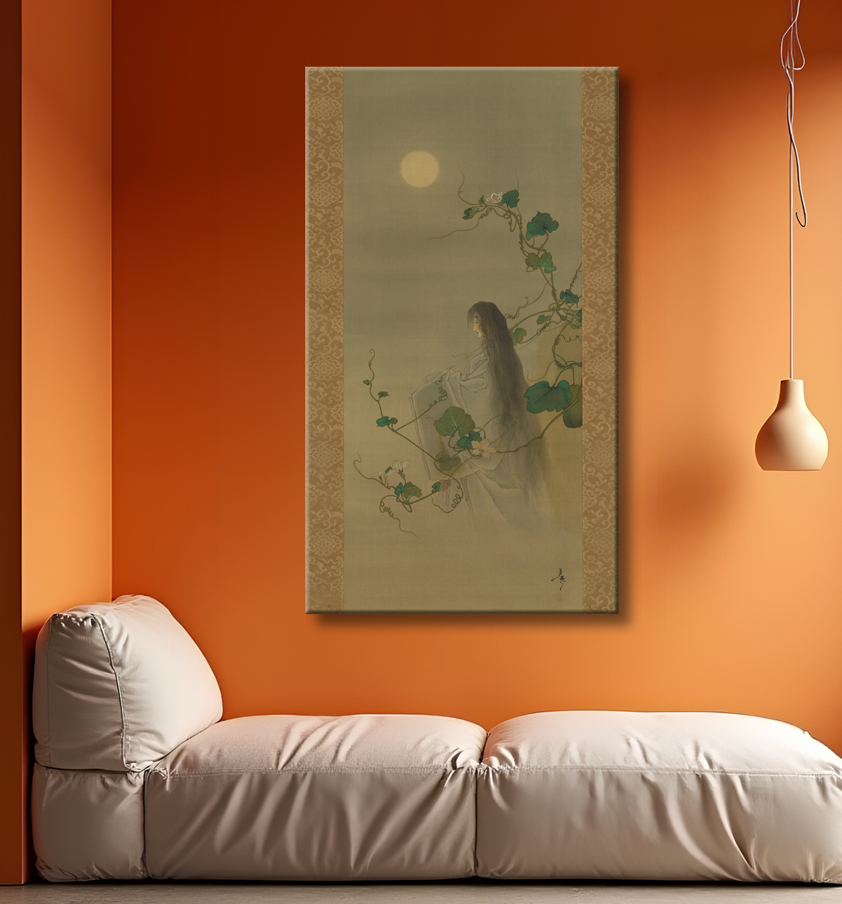 Reproduction L'esprit du défunt Yūgao enlacé dans des vignes de fleur de lune, d'après l'estampe « La dame aux visages du soir » de la série Cent aspects de la lune (Tsuki hyakushi : Genji Yūgao no maki) de Tsukioka Yoshitoshi avec decor