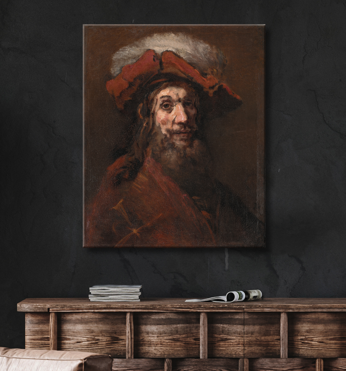 Reproduction Esquisse pour Le chevalier au faucon, dit "Le Croisé" de Rembrandt van Rijn avec decor
