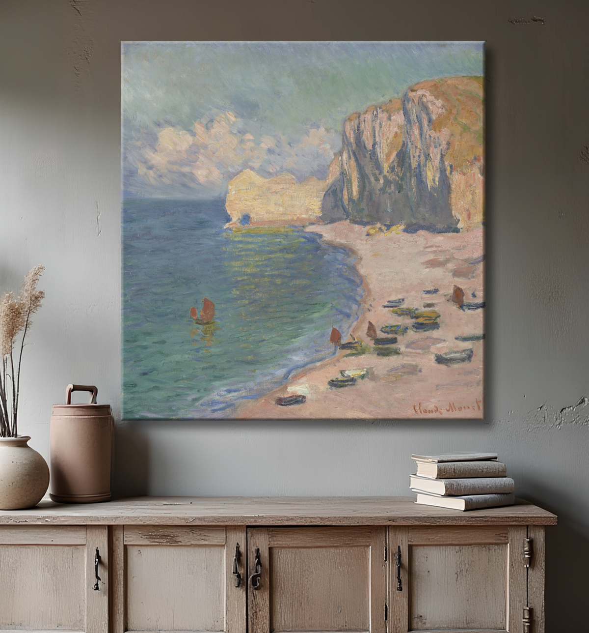 Reproduction Étretat: The Beach and the Falaise d'Amont de Claude Monet avec decor