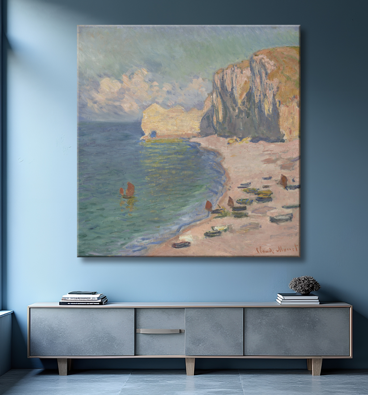 Reproduction Étretat: The Beach and the Falaise d'Amont de Claude Monet avec decor