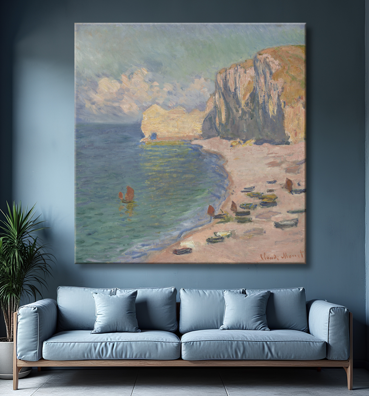 Reproduction Étretat: The Beach and the Falaise d'Amont de Claude Monet avec decor