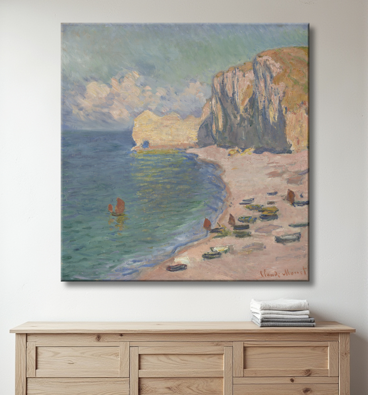 Reproduction Étretat: The Beach and the Falaise d'Amont de Claude Monet avec decor
