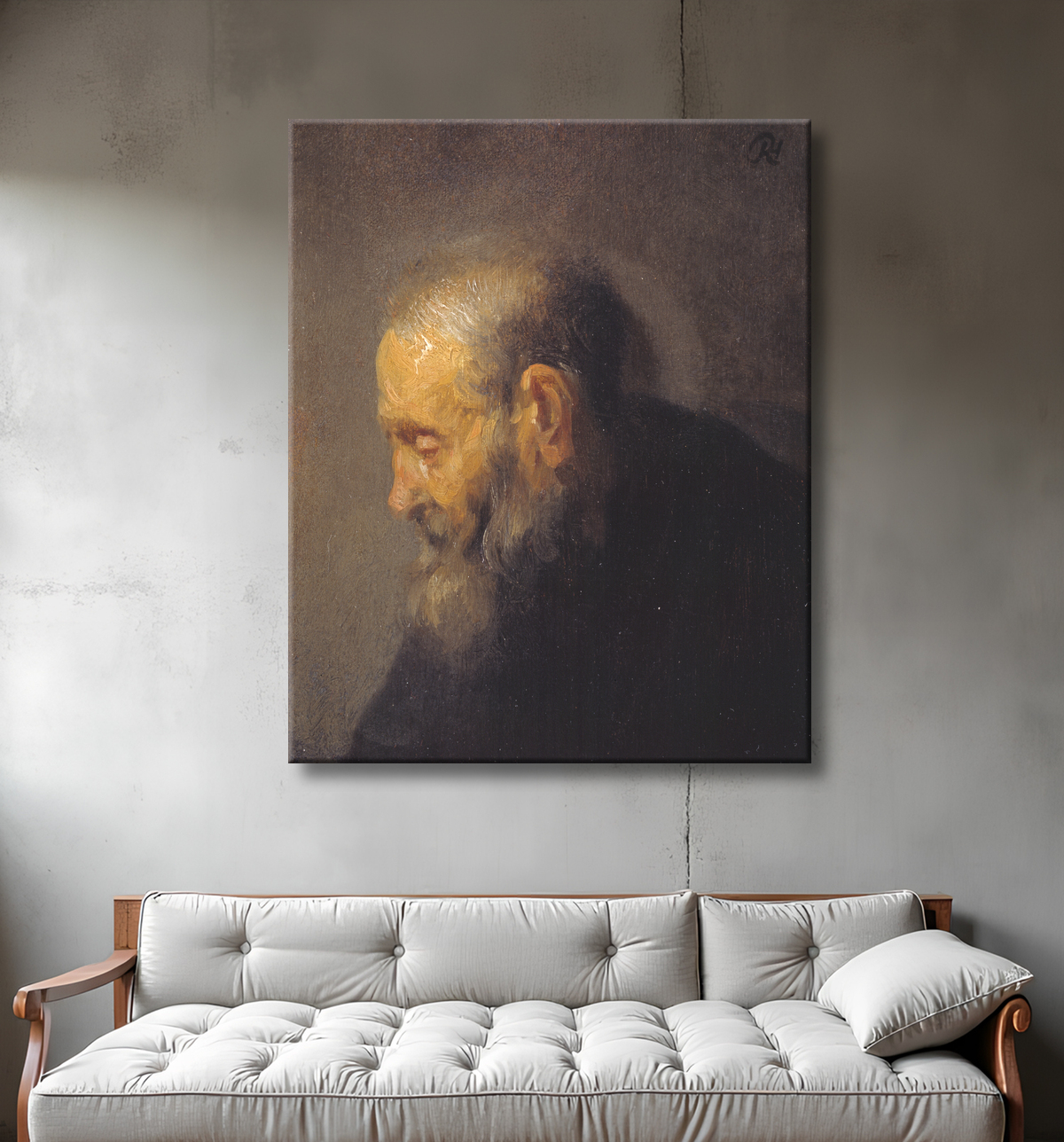 Reproduction Étude d'un vieil homme de profil de Rembrandt van Rijn avec decor
