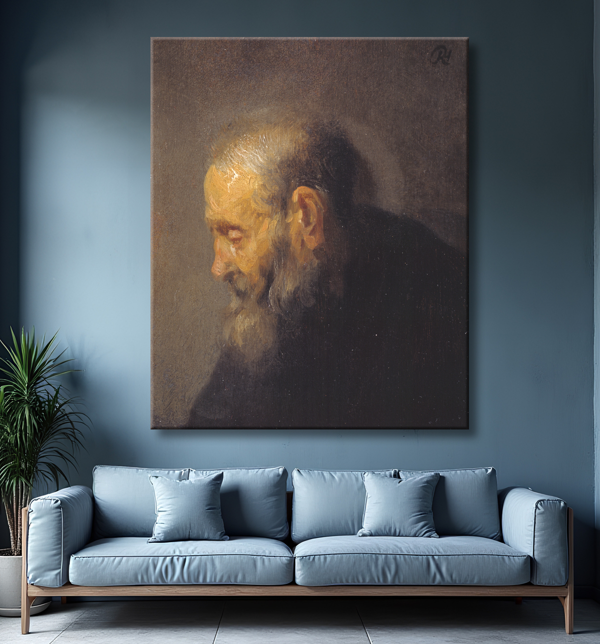 Reproduction Étude d'un vieil homme de profil de Rembrandt van Rijn avec decor