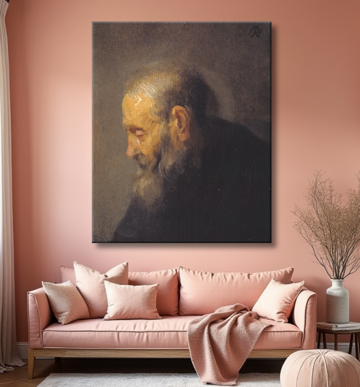Reproduction Étude d'un vieil homme de profil de Rembrandt van Rijn avec decor