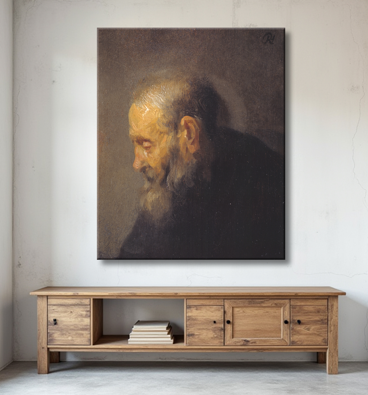 Reproduction Étude d'un vieil homme de profil de Rembrandt van Rijn avec decor