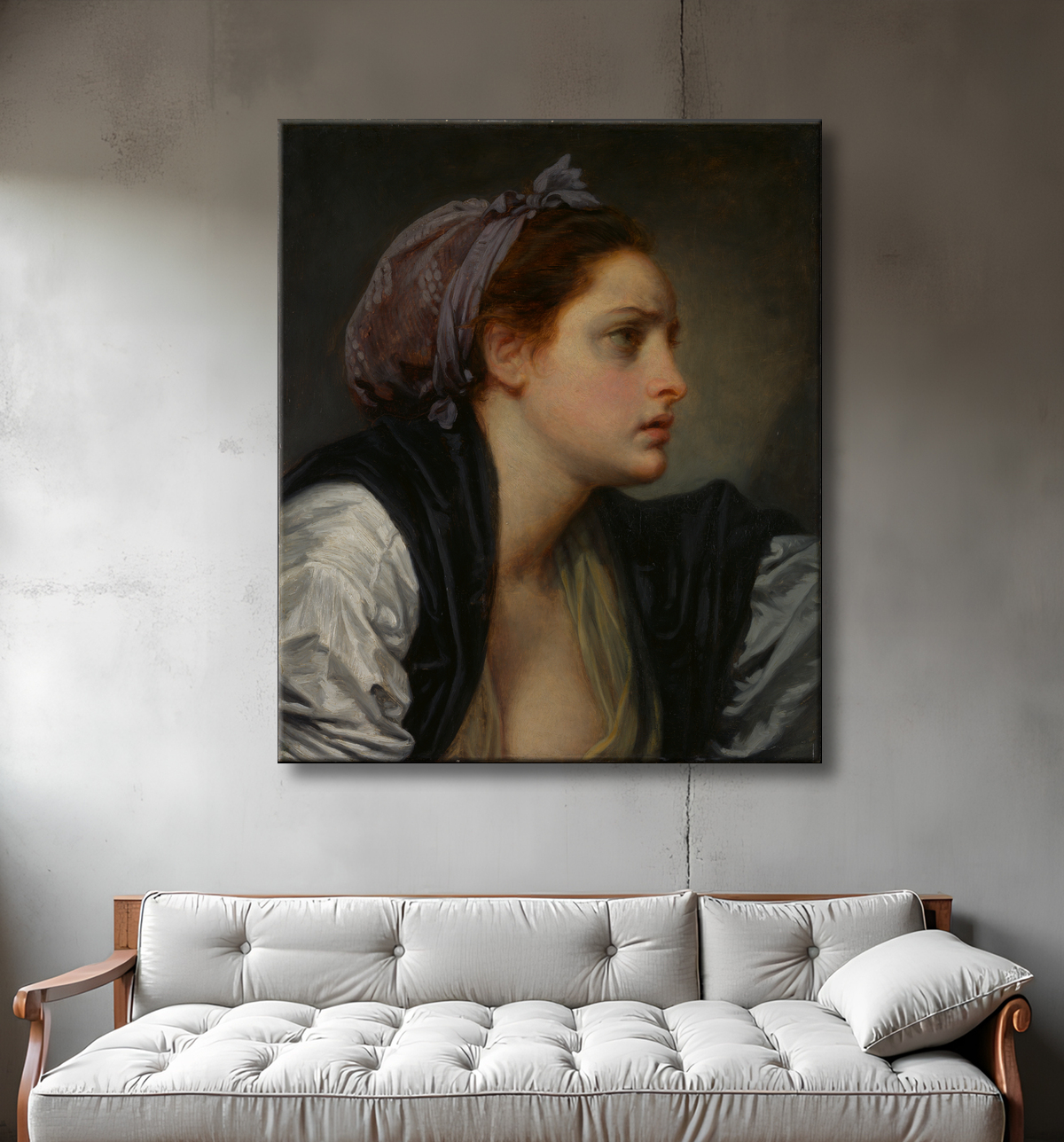 Reproduction Etude de tête de femme de Jean-Baptiste Greuze avec decor