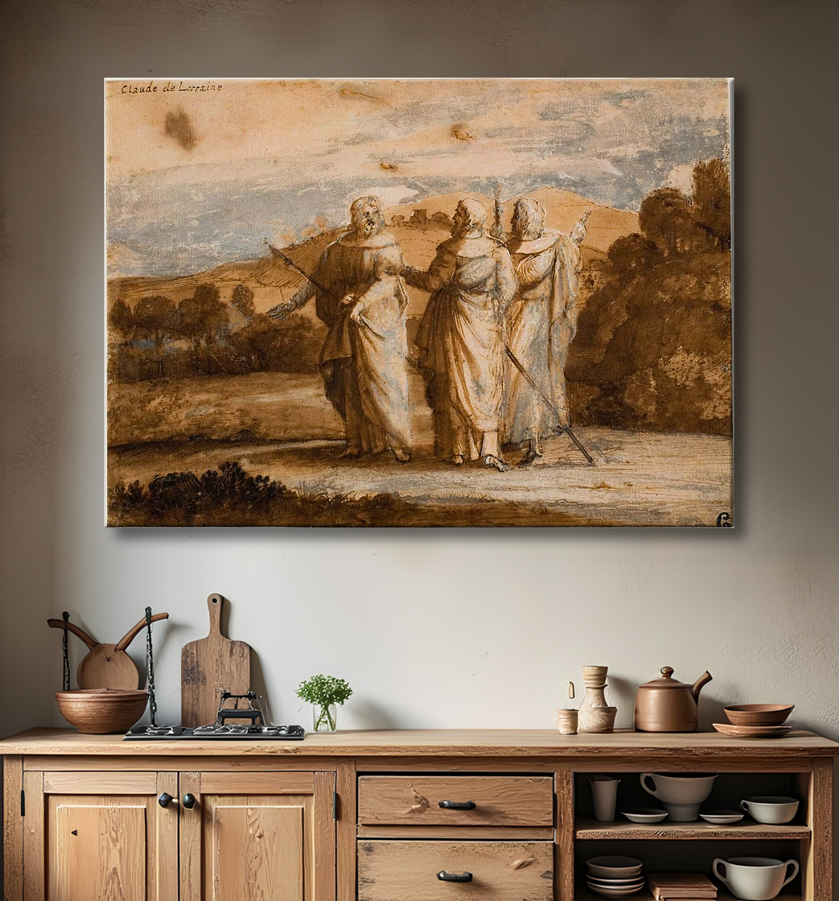Reproduction Étude pour les pèlerins à Emmaüs de Claude Lorrain avec decor