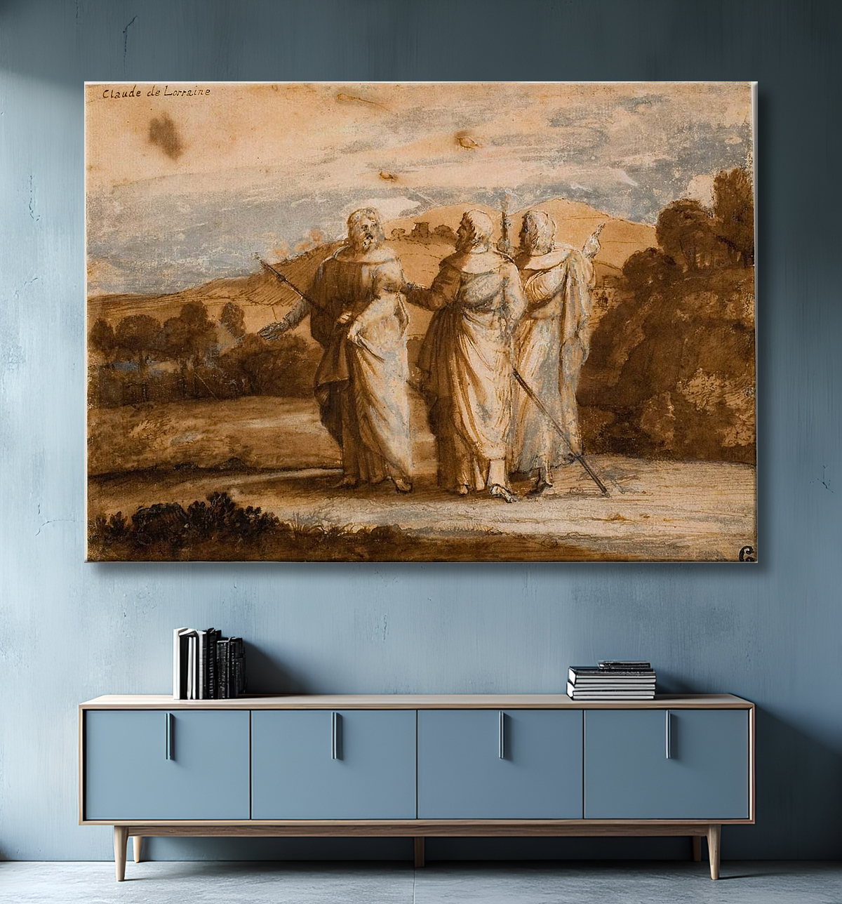Reproduction Étude pour les pèlerins à Emmaüs de Claude Lorrain avec decor