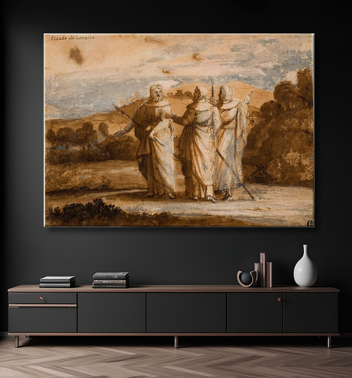 Reproduction Étude pour les pèlerins à Emmaüs de Claude Lorrain avec decor