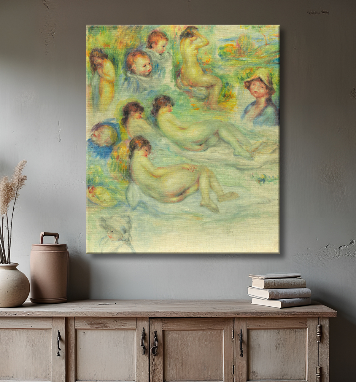Reproduction Études de Pierre Renoir ; sa mère, Aline Charigot ; Nus; et paysage de Pierre-Auguste Renoir avec decor
