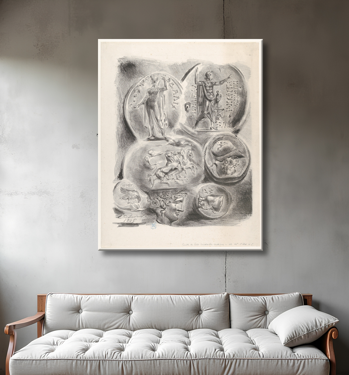 Reproduction Études de sept monnaies grecques de Eugène Delacroix avec decor