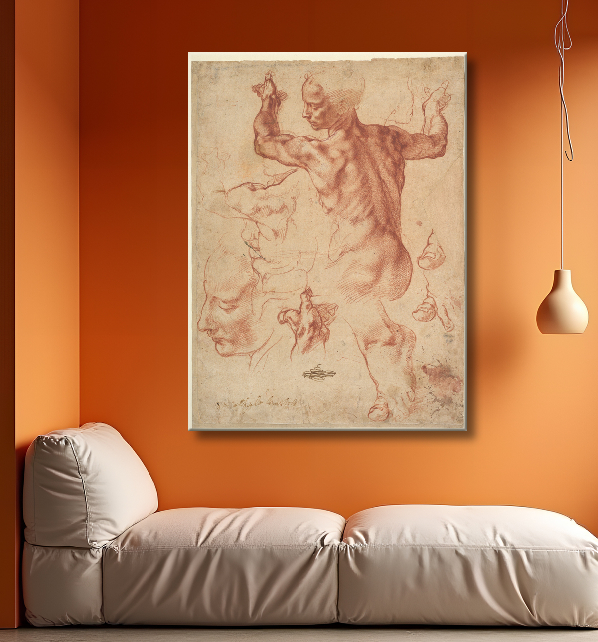 Reproduction Études pour la Sibylle libyenne (recto) ; Études pour la Sibylle libyenne et un petit croquis pour un personnage assis (verso) de Michelangelo Buonarroti avec decor