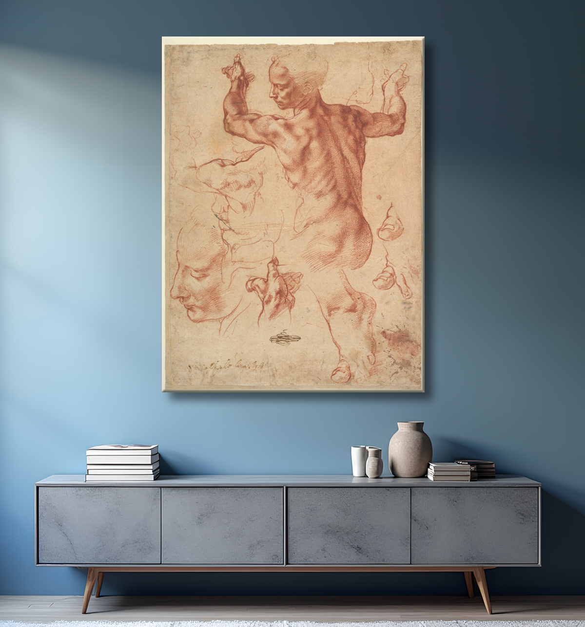 Reproduction Études pour la Sibylle libyenne (recto) ; Études pour la Sibylle libyenne et un petit croquis pour un personnage assis (verso) de Michelangelo Buonarroti avec decor