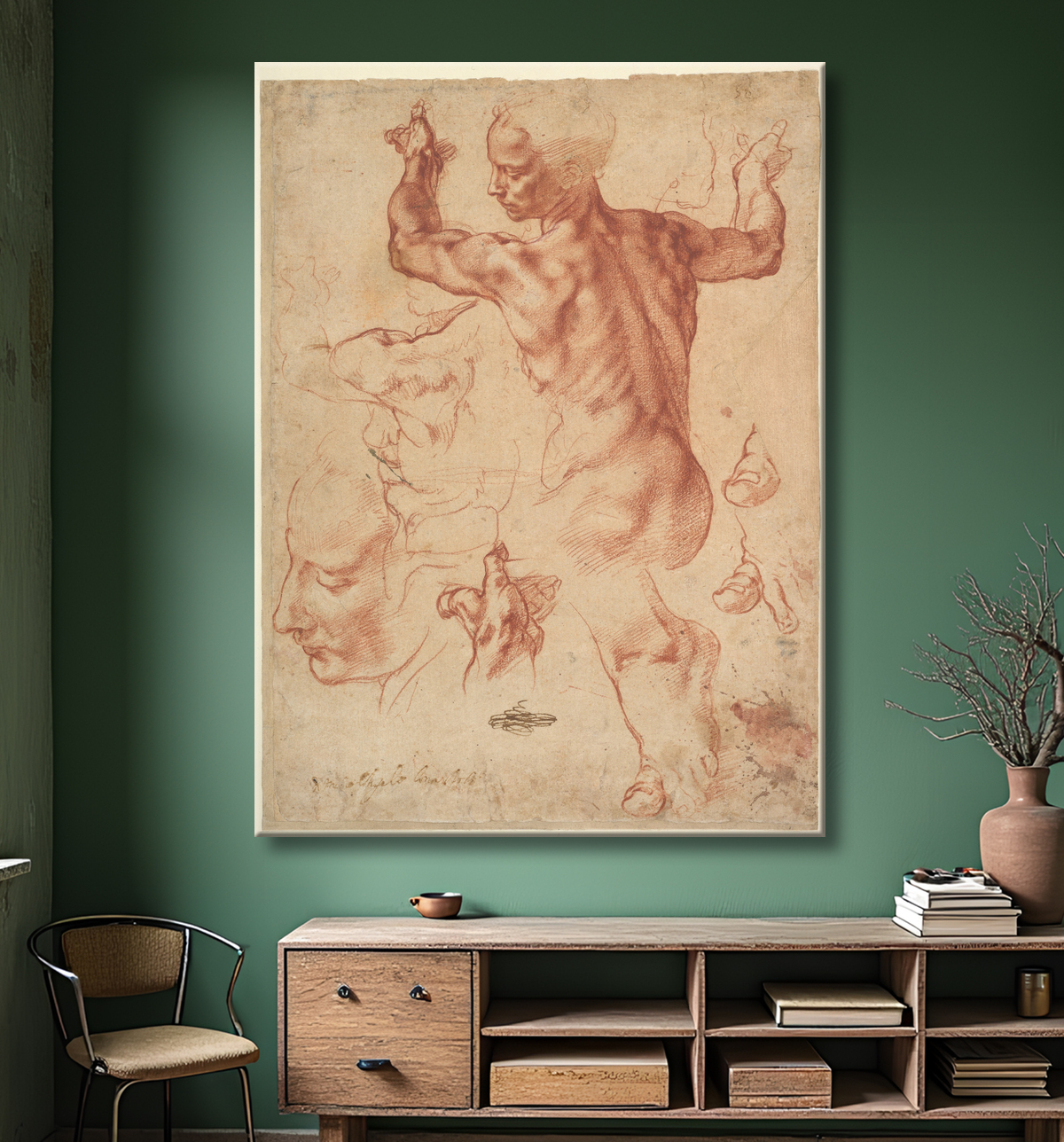 Reproduction Études pour la Sibylle libyenne (recto) ; Études pour la Sibylle libyenne et un petit croquis pour un personnage assis (verso) de Michelangelo Buonarroti avec decor