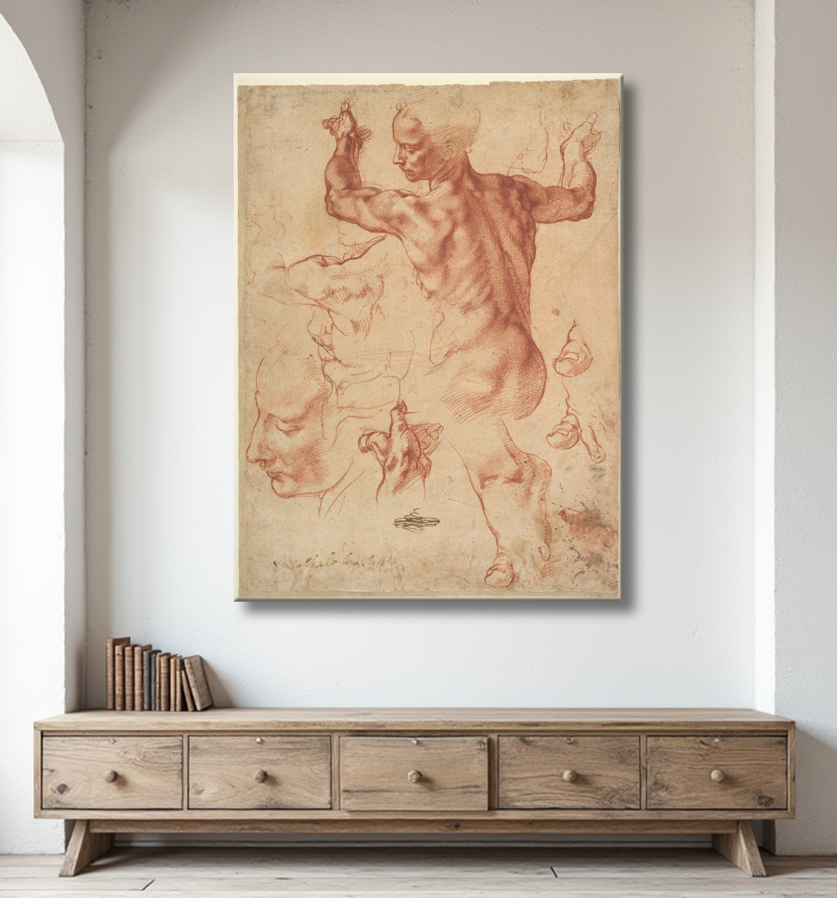 Reproduction Études pour la Sibylle libyenne (recto) ; Études pour la Sibylle libyenne et un petit croquis pour un personnage assis (verso) de Michelangelo Buonarroti avec decor