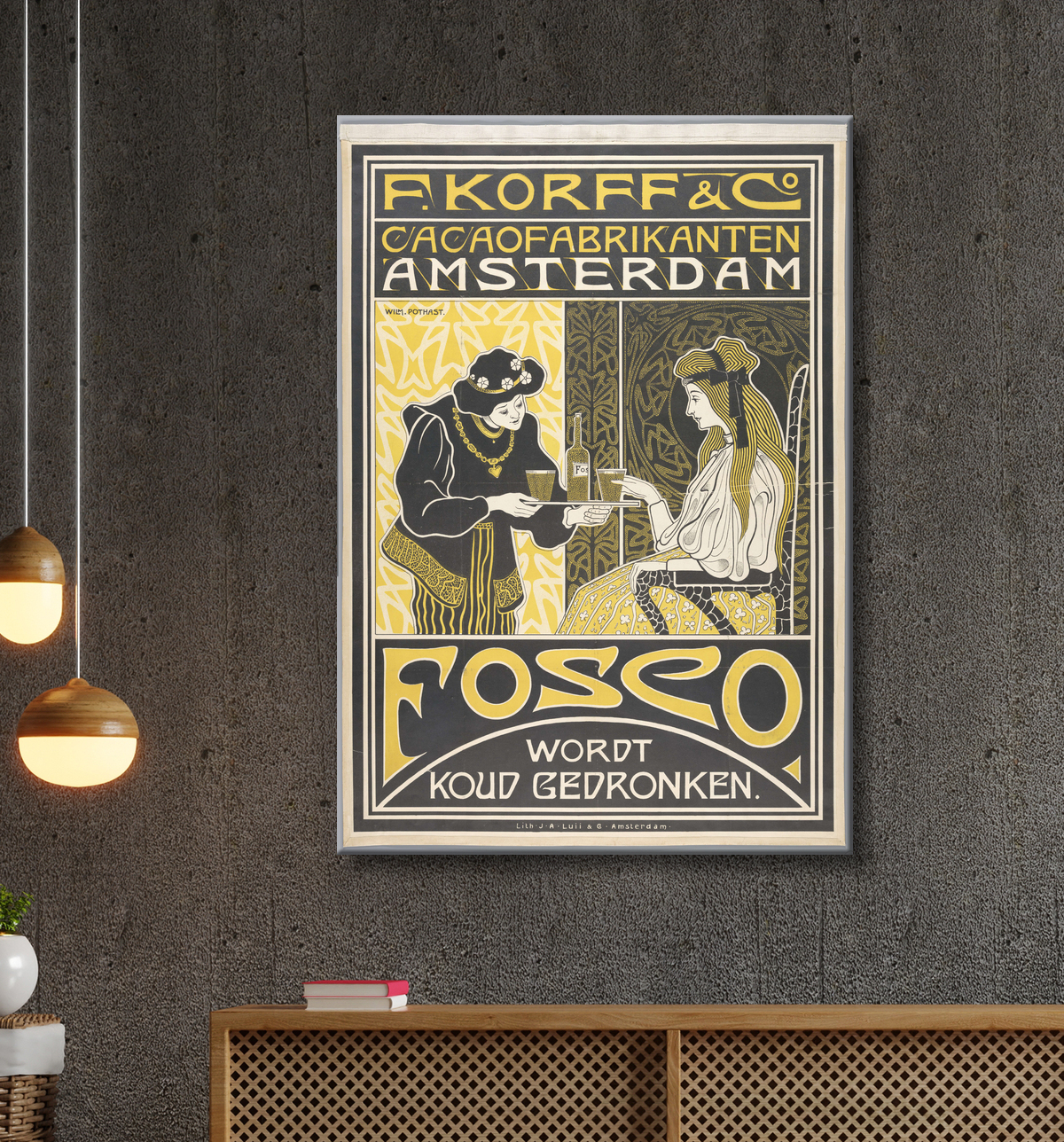 Reproduction F. Korff & Co. Les fabricants de cacao d'Amsterdam. Fosco est ivre froid de Willem Pothast avec decor