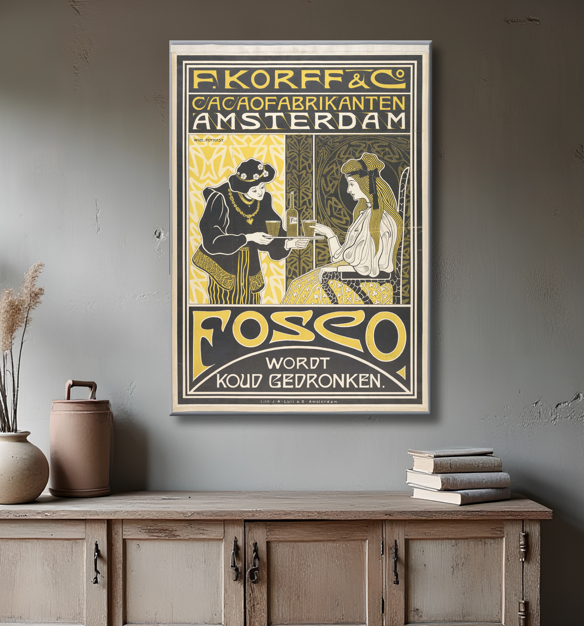 Reproduction F. Korff & Co. Les fabricants de cacao d'Amsterdam. Fosco est ivre froid de Willem Pothast avec decor