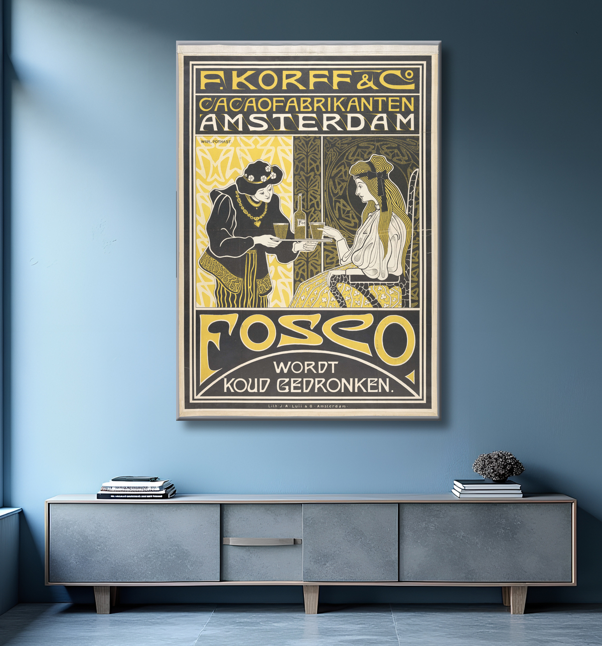 Reproduction F. Korff & Co. Les fabricants de cacao d'Amsterdam. Fosco est ivre froid de Willem Pothast avec decor