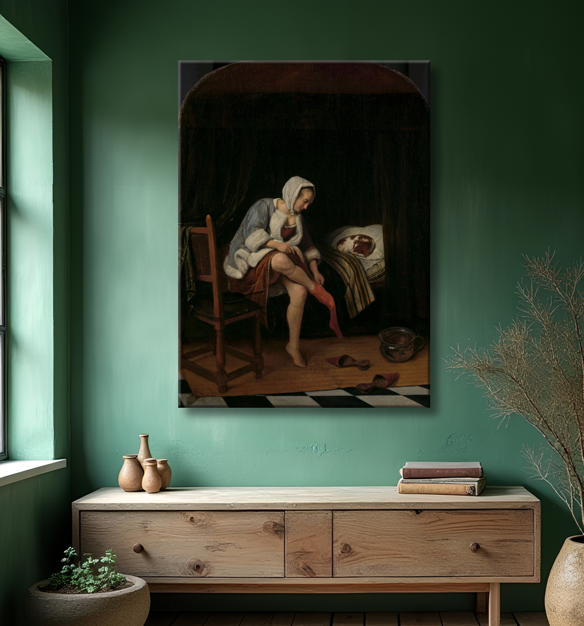 Reproduction Femme à sa toilette de Jan Havicksz. Steen avec decor