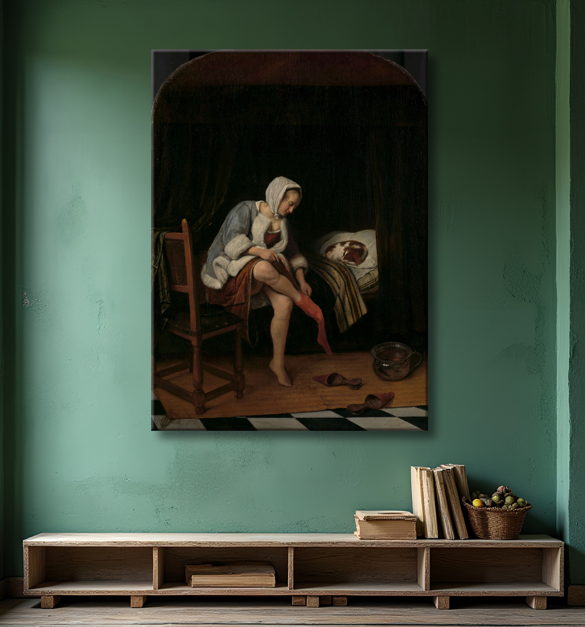Reproduction Femme à sa toilette de Jan Havicksz. Steen avec decor