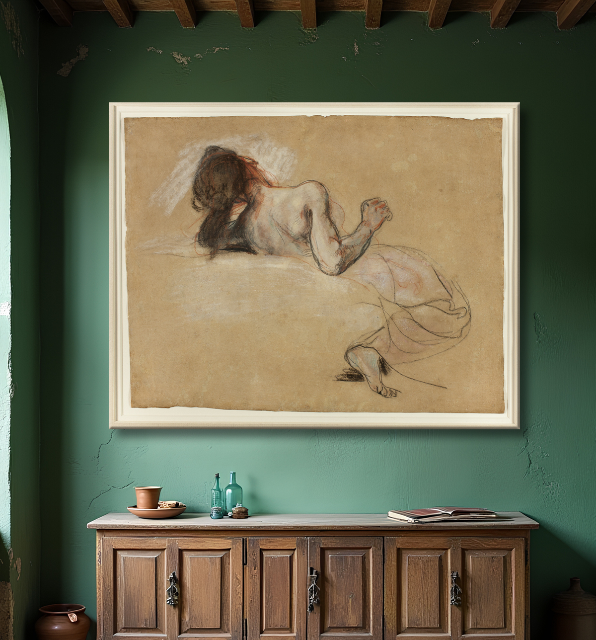 Reproduction femme accroupie de Eugène Delacroix avec decor