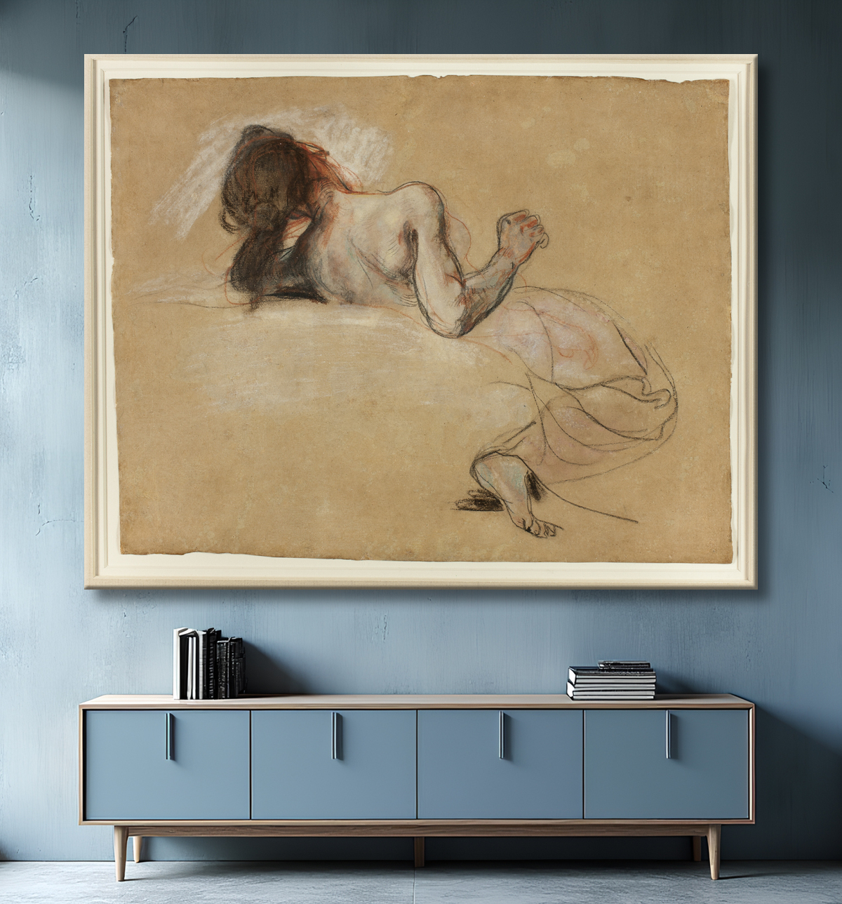 Reproduction femme accroupie de Eugène Delacroix avec decor