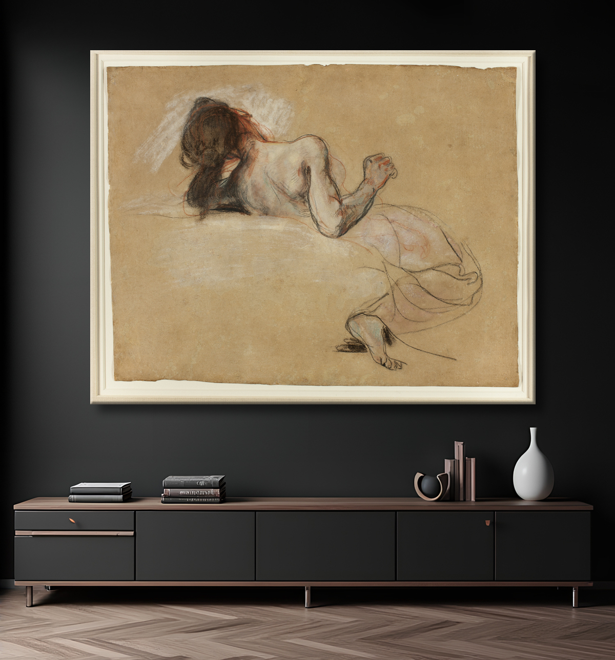 Reproduction femme accroupie de Eugène Delacroix avec decor