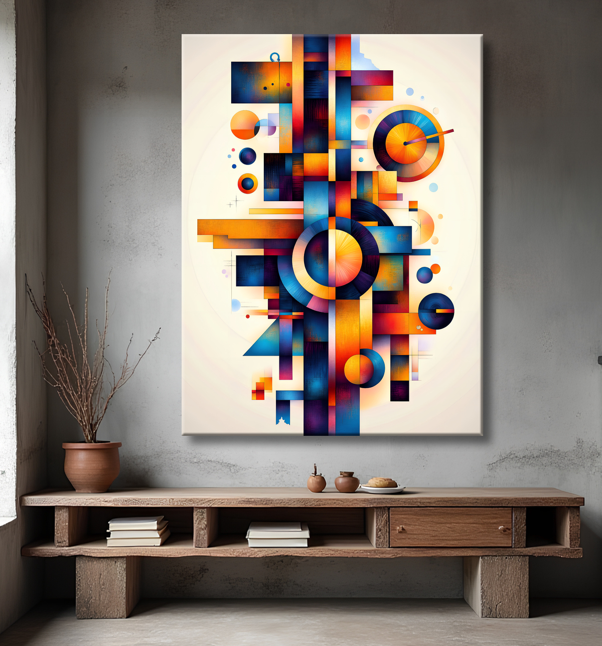 Tableau abstrait motifs africains géométriques et couleurs éclatantes avec decor