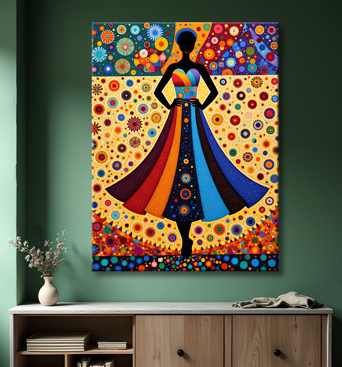 Tableau femme Africaine fond abstrait full color avec decor