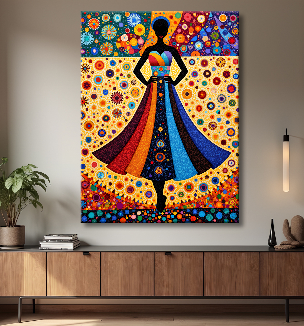 Tableau femme Africaine fond abstrait full color avec decor