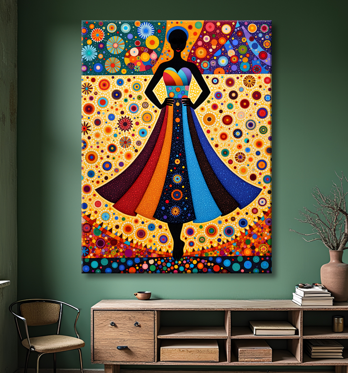 Tableau femme Africaine fond abstrait full color avec decor