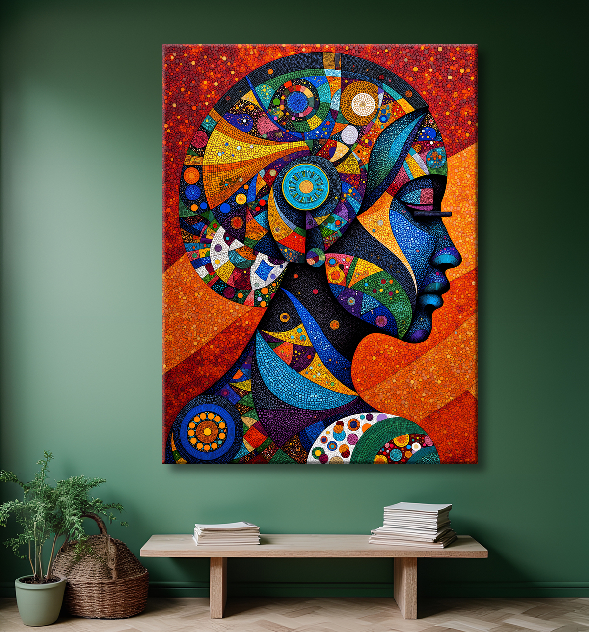 Tableau femme Africaine fond abstrait full color avec decor