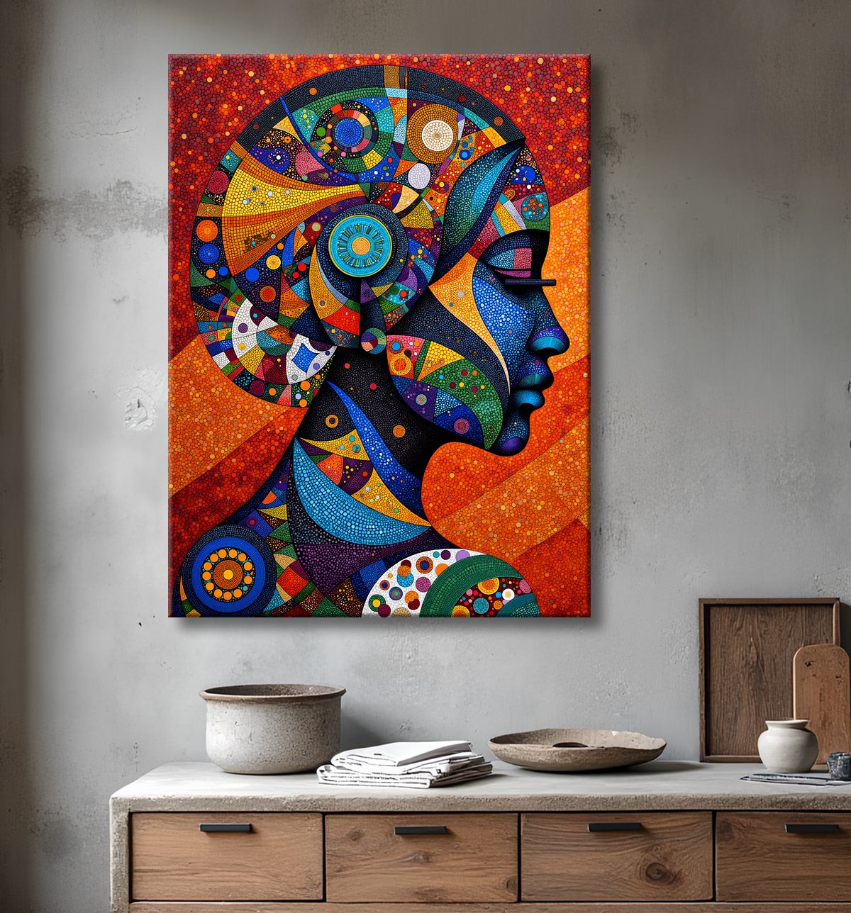 Tableau femme Africaine fond abstrait full color avec decor
