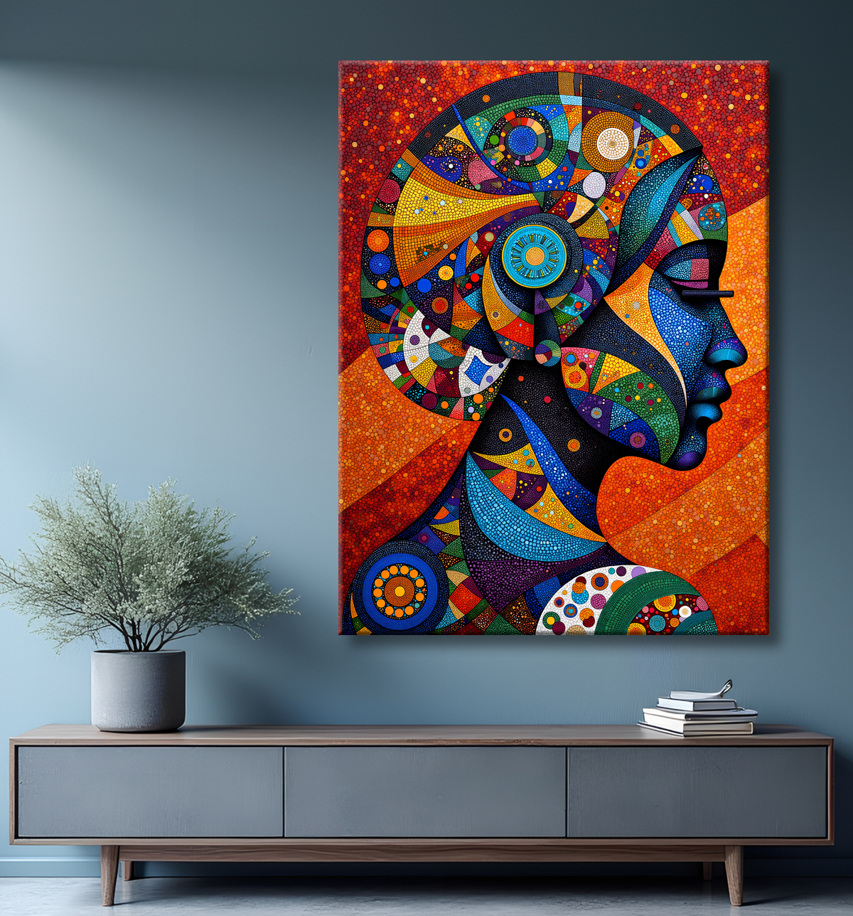 Tableau femme Africaine fond abstrait full color avec decor