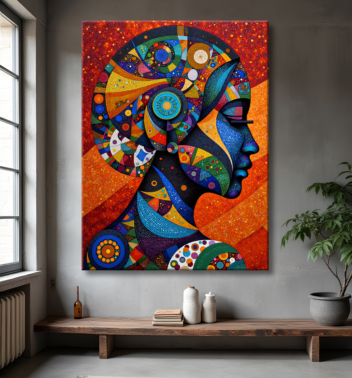 Tableau femme Africaine fond abstrait full color avec decor