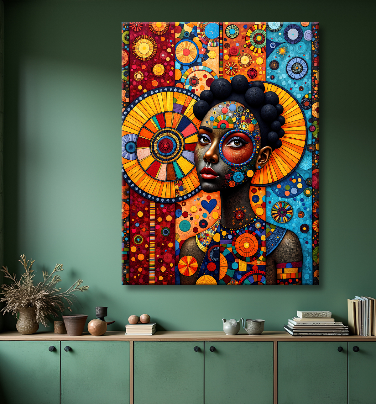 Tableau femme Africaine fond abstrait full color avec decor