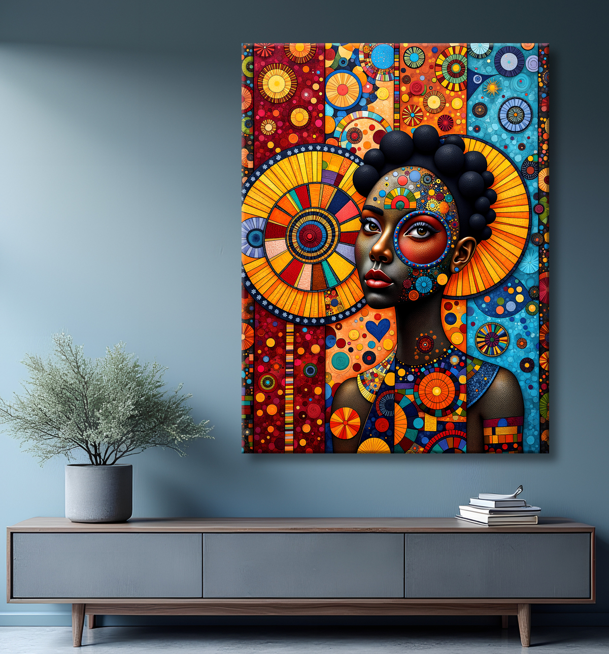 Tableau femme Africaine fond abstrait full color avec decor