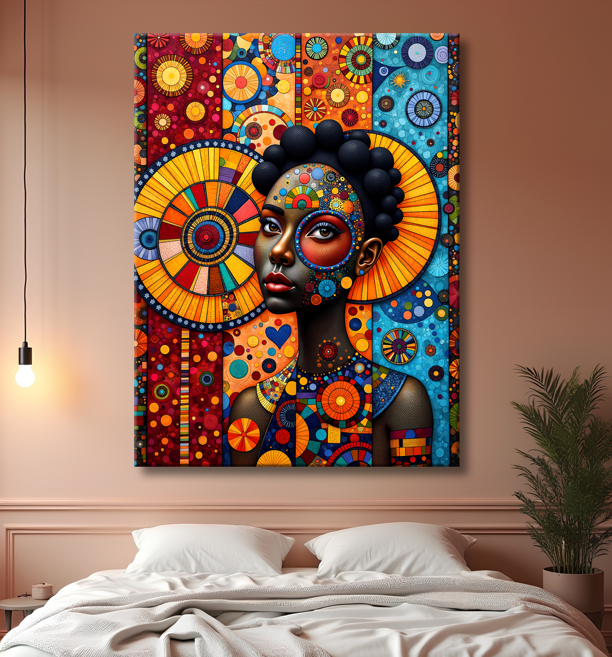 Tableau femme Africaine fond abstrait full color avec decor