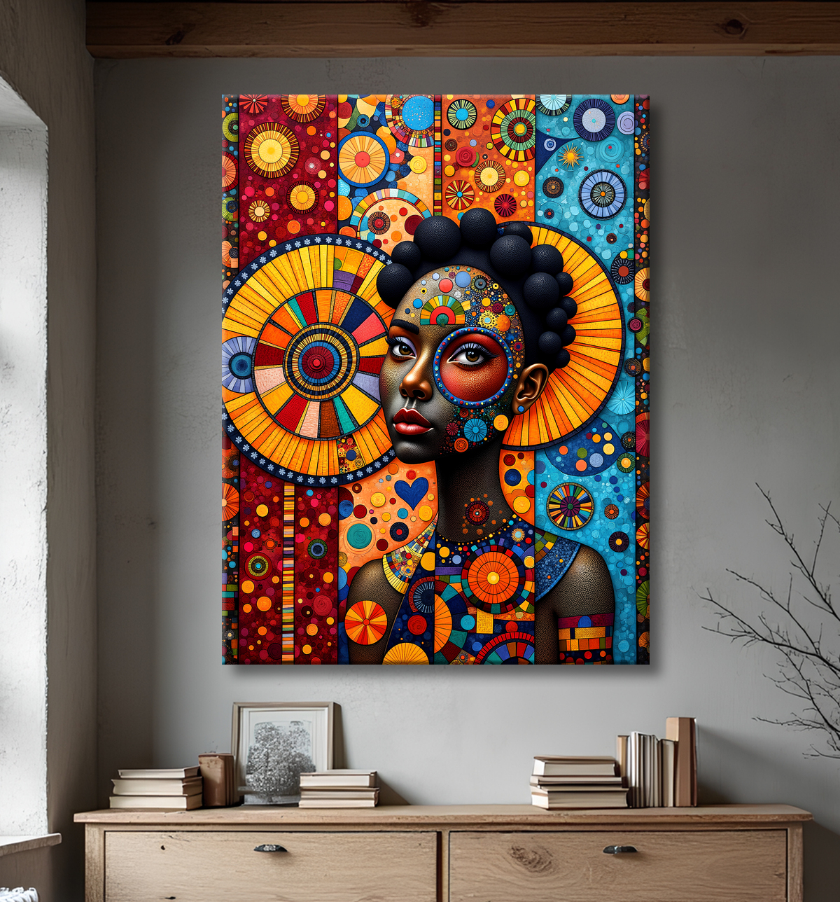 Tableau femme Africaine fond abstrait full color avec decor