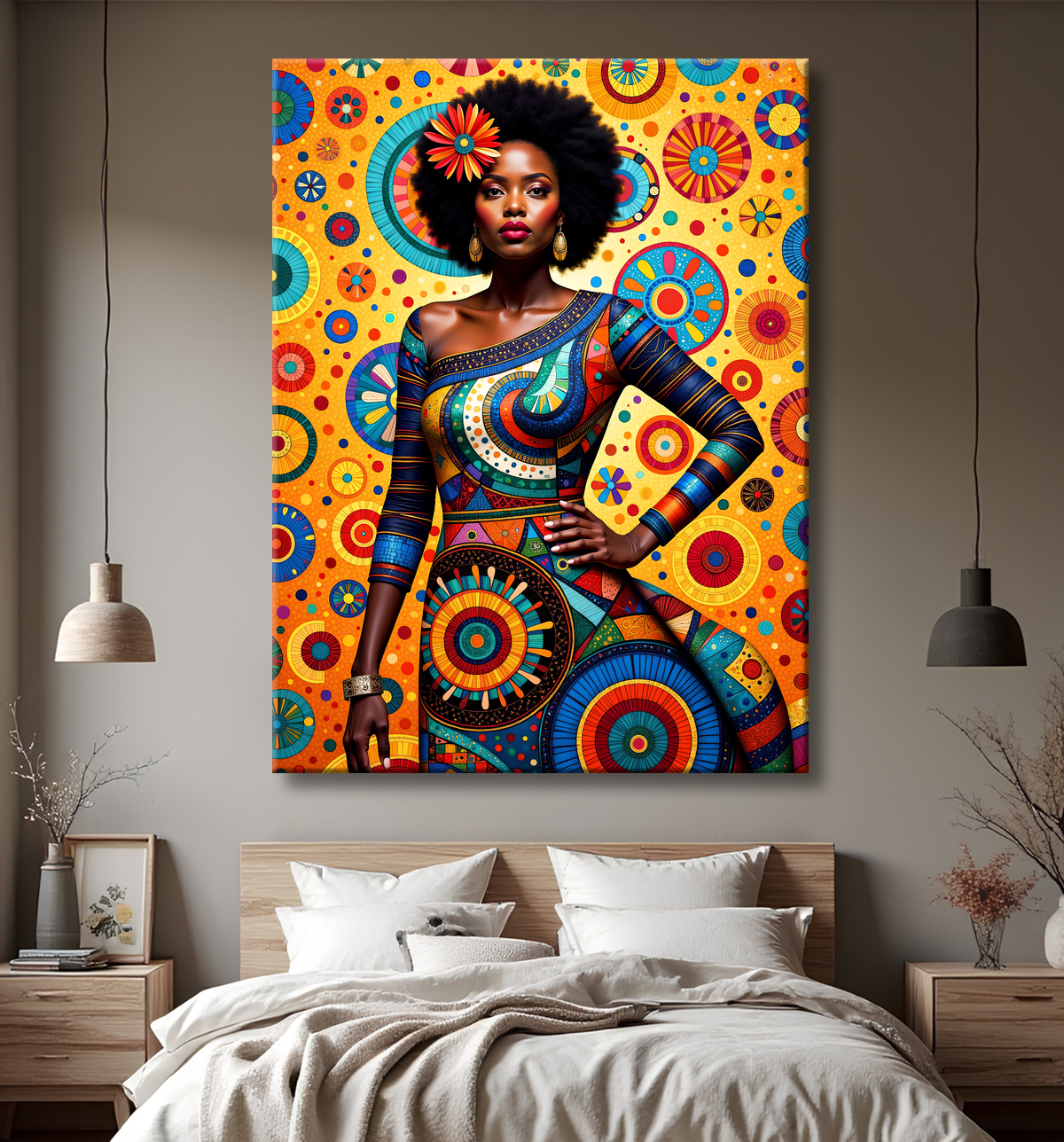 Tableau femme Africaine fond abstrait full color avec decor