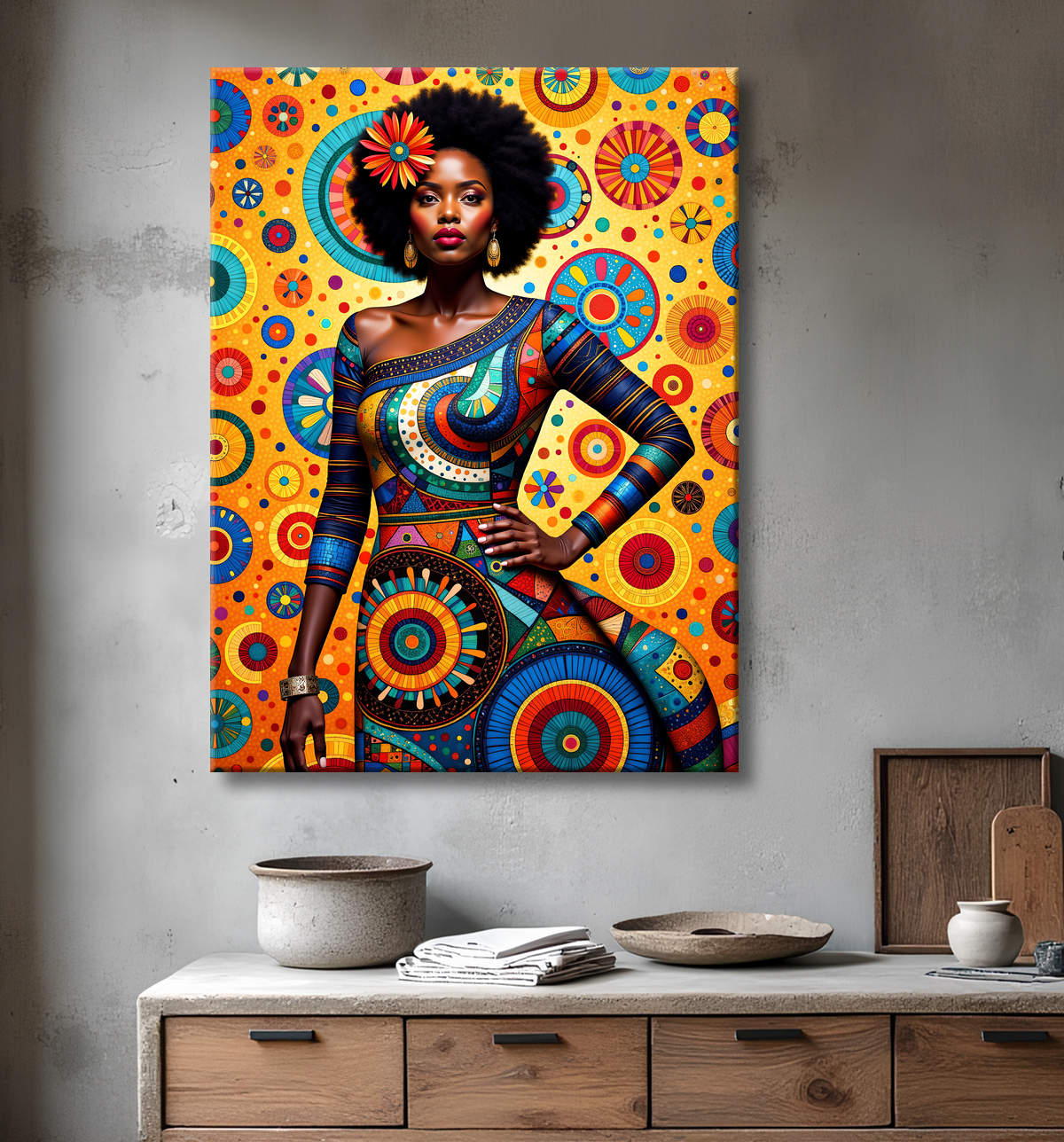 Tableau femme Africaine fond abstrait full color avec decor