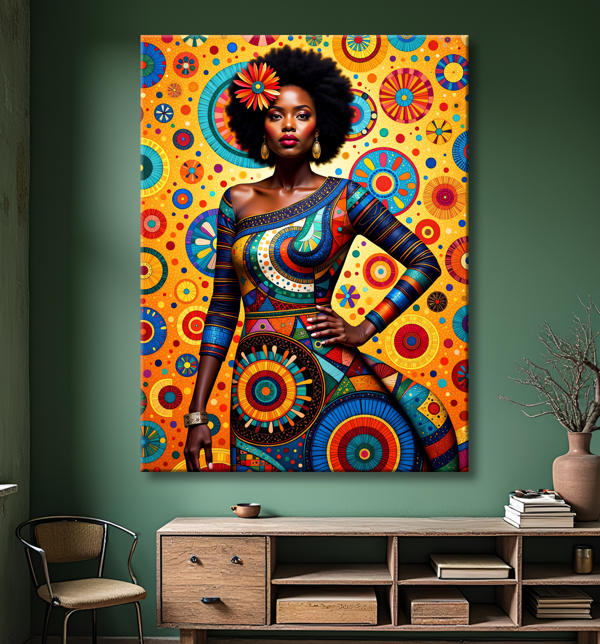Tableau femme Africaine fond abstrait full color avec decor