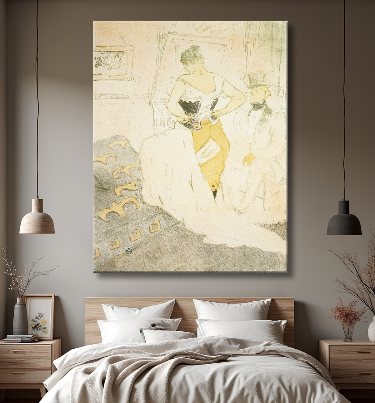 Reproduction Femme attachant un corset, Passing Conquest, planche neuf d'Elles de Henri de Toulouse-Lautrec avec decor